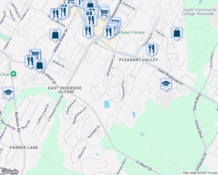 map of restaurants, bars, coffee shops, grocery stores, and more near 2314 Wickersham Lane in Austin