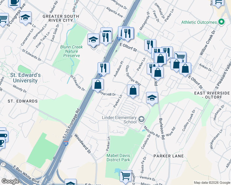 map of restaurants, bars, coffee shops, grocery stores, and more near 2706 Little Valley Cove in Austin