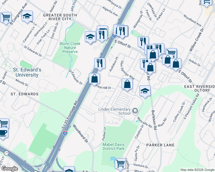 map of restaurants, bars, coffee shops, grocery stores, and more near 2706 Little Valley Cove in Austin