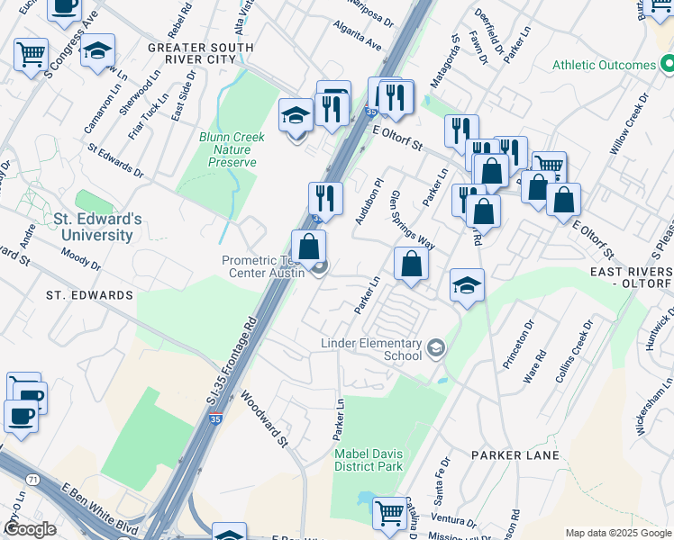 map of restaurants, bars, coffee shops, grocery stores, and more near 1626a Royal Hill Drive in Austin