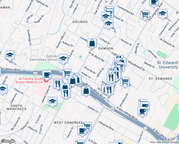 map of restaurants, bars, coffee shops, grocery stores, and more near 505 Post Road Drive in Austin