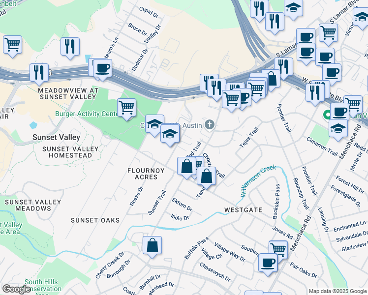 map of restaurants, bars, coffee shops, grocery stores, and more near 4917 Sunset Trail in Austin