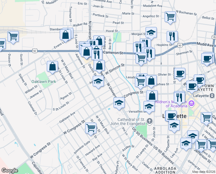 map of restaurants, bars, coffee shops, grocery stores, and more near 1613 West University Avenue in Lafayette