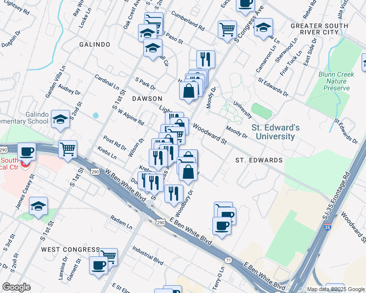 map of restaurants, bars, coffee shops, grocery stores, and more near 3609 South Congress Avenue in Austin
