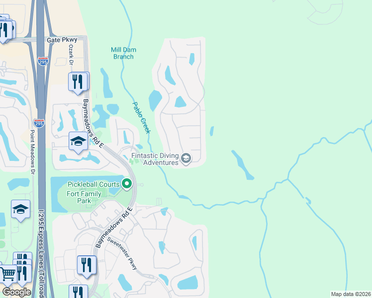 map of restaurants, bars, coffee shops, grocery stores, and more near 11713 Exmoor Court in Jacksonville