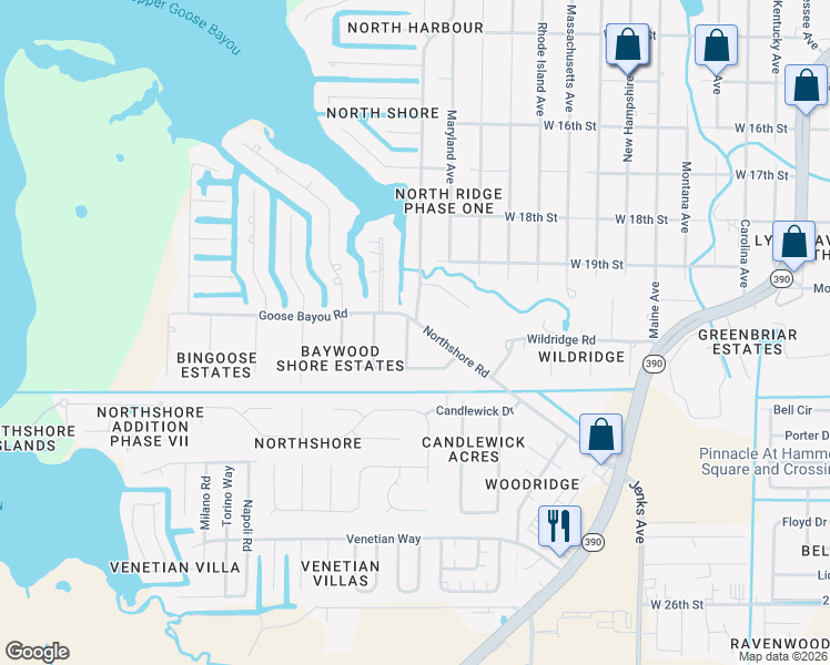 map of restaurants, bars, coffee shops, grocery stores, and more near 4405 Northshore Road in Lynn Haven