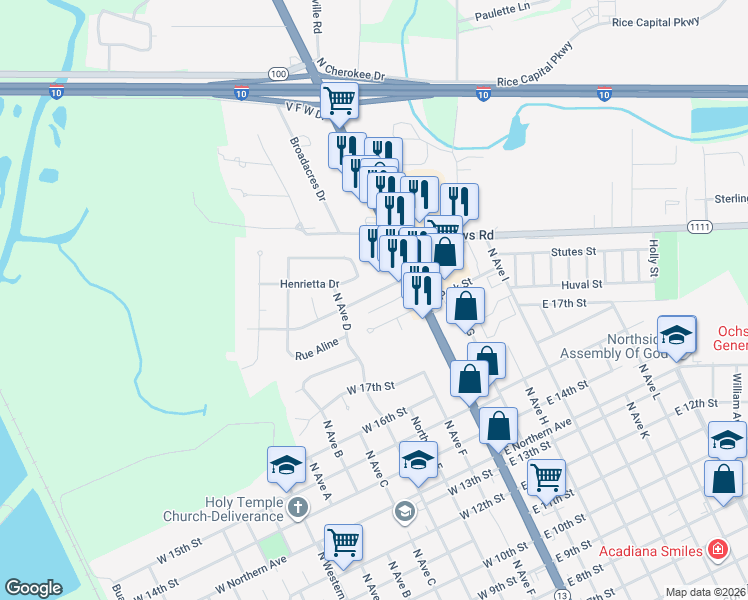 map of restaurants, bars, coffee shops, grocery stores, and more near 218-230 Fairway Drive in Crowley
