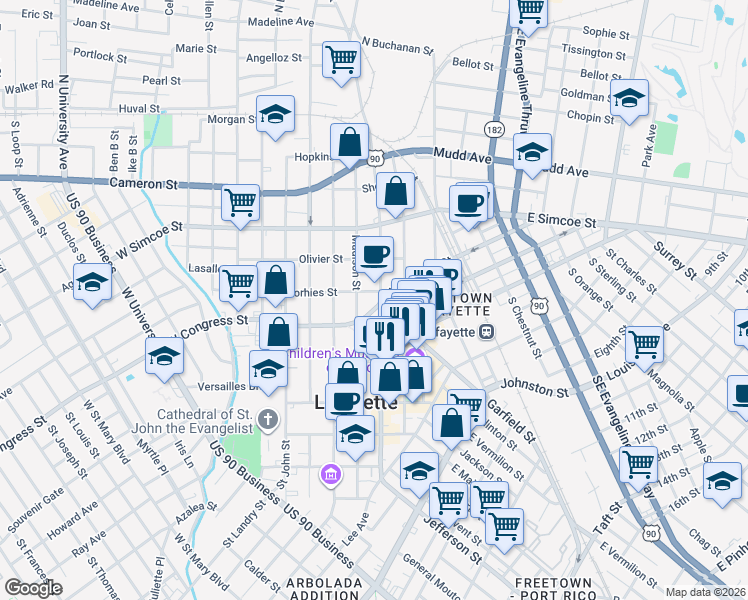 map of restaurants, bars, coffee shops, grocery stores, and more near 600 South Pierce Street in Lafayette
