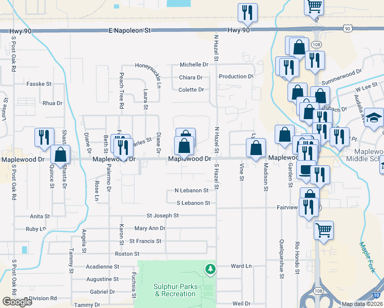 map of restaurants, bars, coffee shops, grocery stores, and more near 3516 Maplewood Dr in Sulphur