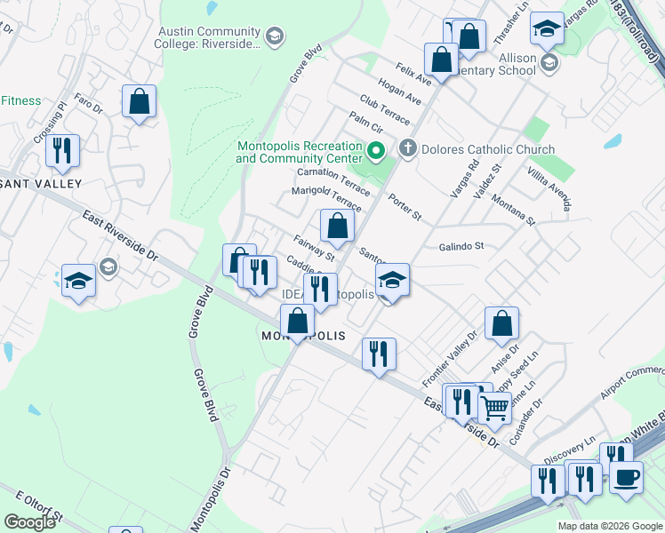 map of restaurants, bars, coffee shops, grocery stores, and more near 1600 Montopolis Drive in Austin