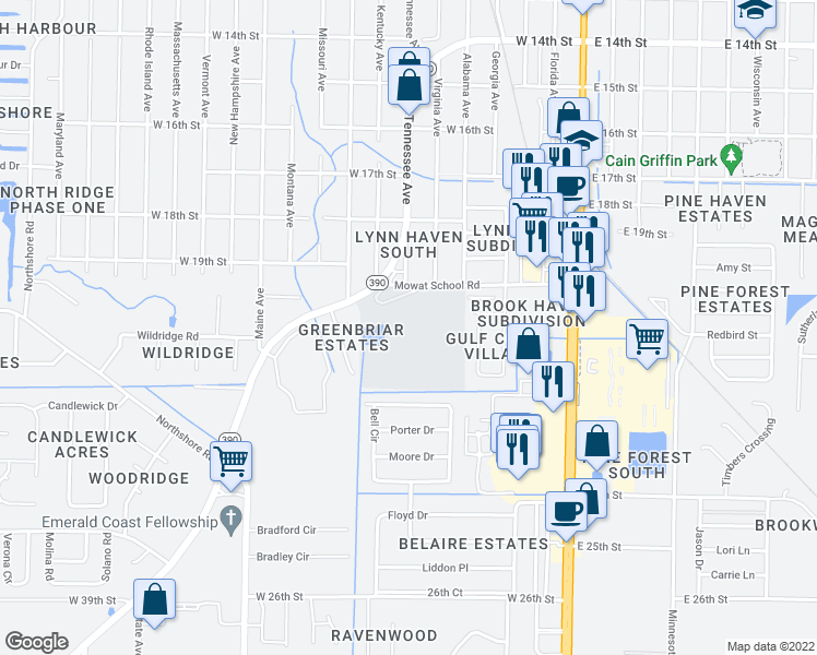 map of restaurants, bars, coffee shops, grocery stores, and more near 1903 Florida 390 in Lynn Haven