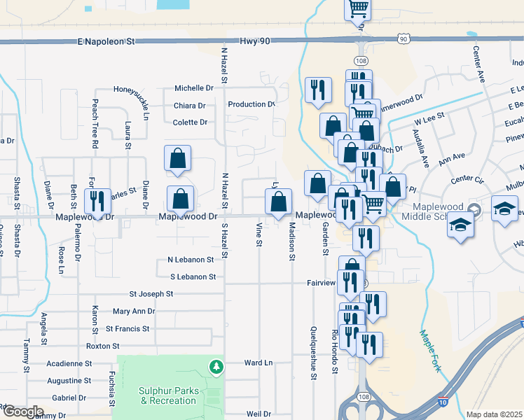 map of restaurants, bars, coffee shops, grocery stores, and more near 3812 Maplewood Dr in Sulphur