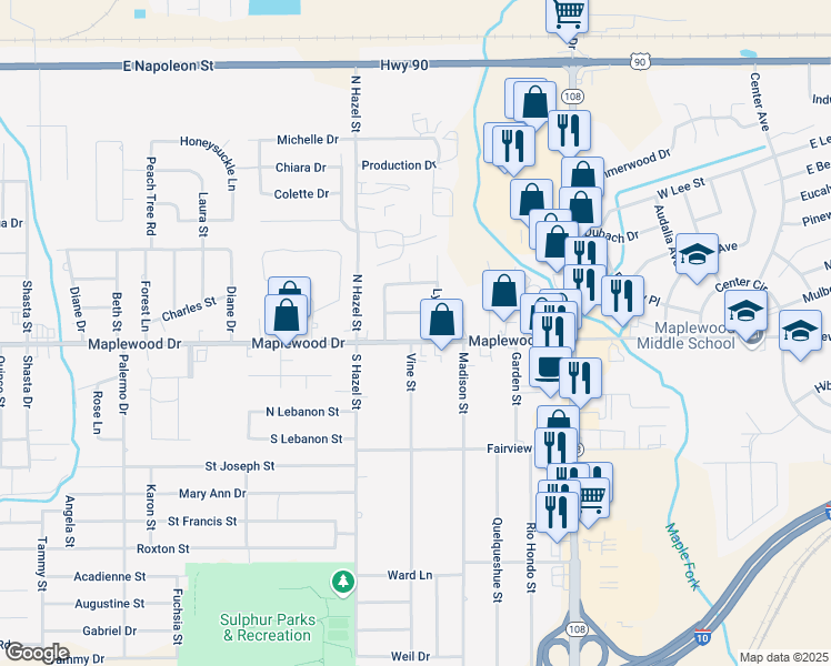 map of restaurants, bars, coffee shops, grocery stores, and more near 3812 Maplewood Dr in Sulphur
