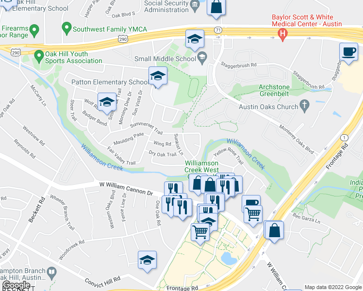 map of restaurants, bars, coffee shops, grocery stores, and more near 6209 Sunkist Lane in Austin