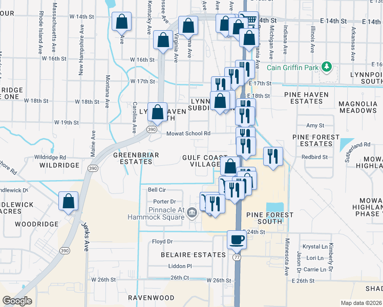 map of restaurants, bars, coffee shops, grocery stores, and more near 2006 Pattho Lane in Lynn Haven