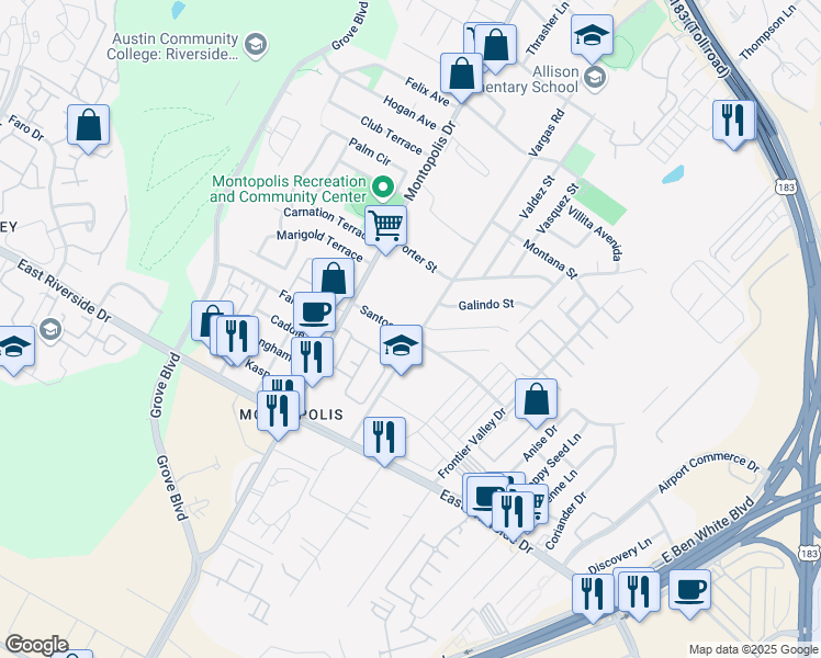 map of restaurants, bars, coffee shops, grocery stores, and more near 1409 Vargas Road in Austin