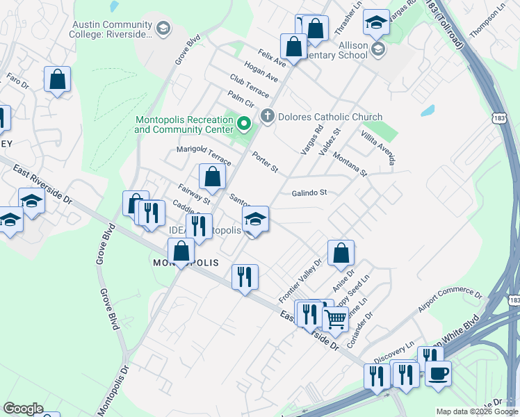 map of restaurants, bars, coffee shops, grocery stores, and more near 6408 Santos Street in Austin