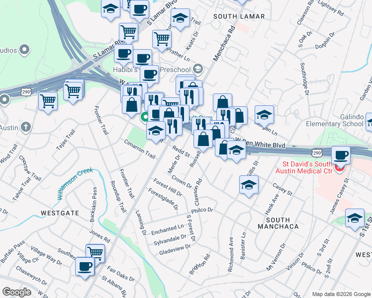 map of restaurants, bars, coffee shops, grocery stores, and more near 4413 Merle Drive in Austin