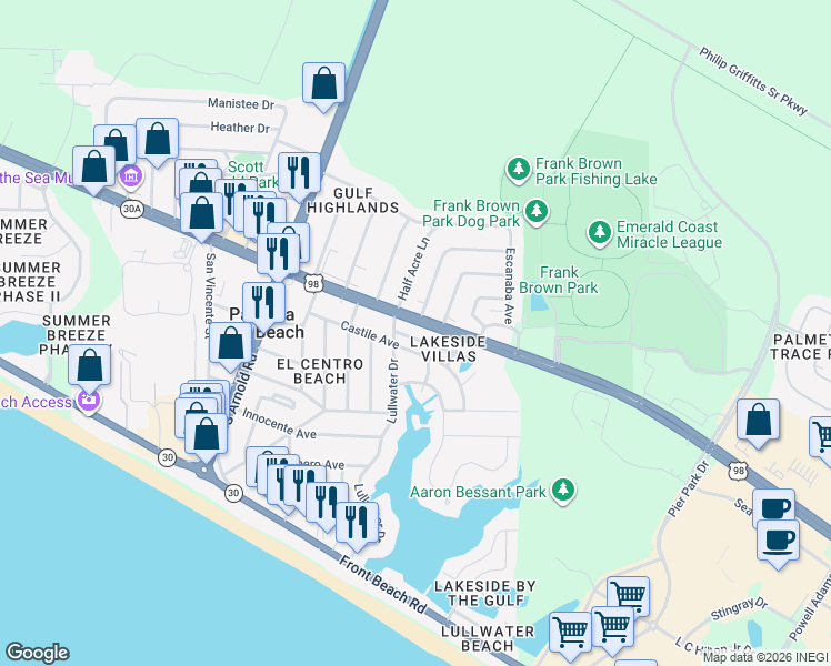 map of restaurants, bars, coffee shops, grocery stores, and more near 128 Lakeside Circle in Panama City Beach