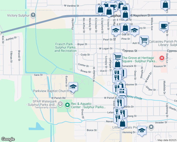 map of restaurants, bars, coffee shops, grocery stores, and more near 508 Bowie Street in Sulphur