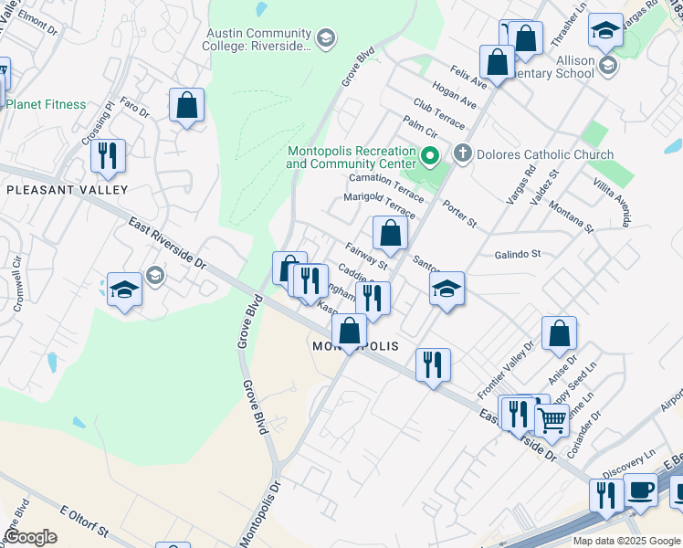map of restaurants, bars, coffee shops, grocery stores, and more near 6111 Caddie Street in Austin
