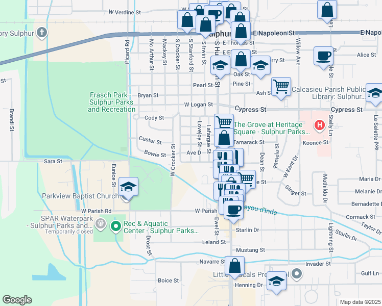 map of restaurants, bars, coffee shops, grocery stores, and more near 398 Ave D in Sulphur