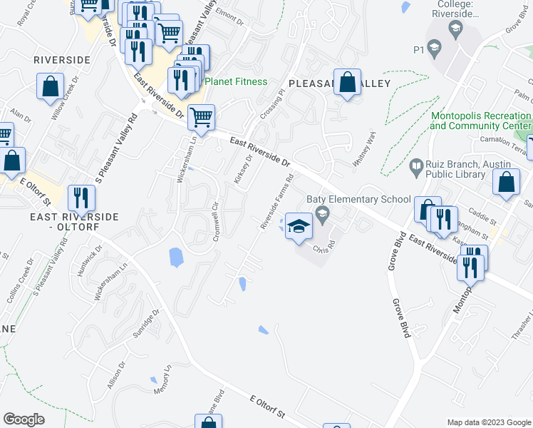 map of restaurants, bars, coffee shops, grocery stores, and more near 2202 Riverside Farms Road in Austin