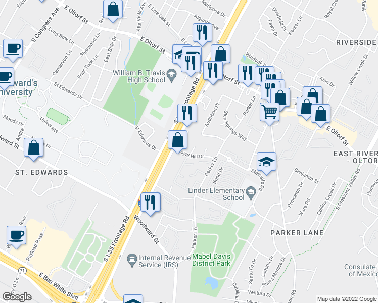 map of restaurants, bars, coffee shops, grocery stores, and more near 1628 Royal Hill Drive in Austin