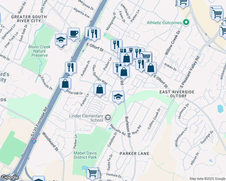 map of restaurants, bars, coffee shops, grocery stores, and more near 2000 Iroquois Lane in Austin