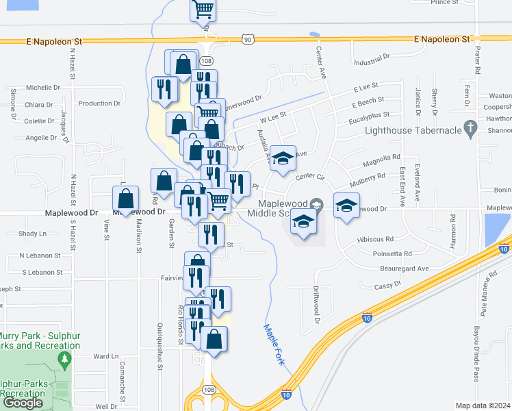 map of restaurants, bars, coffee shops, grocery stores, and more near 4200 Maplewood Drive in Sulphur