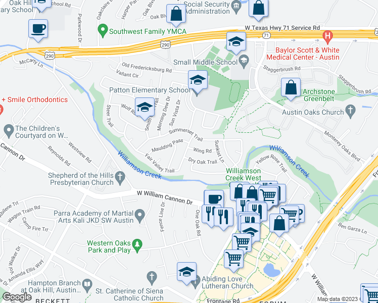 map of restaurants, bars, coffee shops, grocery stores, and more near 5007 Wing Road in Austin