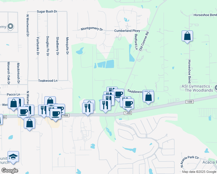 map of restaurants, bars, coffee shops, grocery stores, and more near 340 Watermere Drive in Conroe