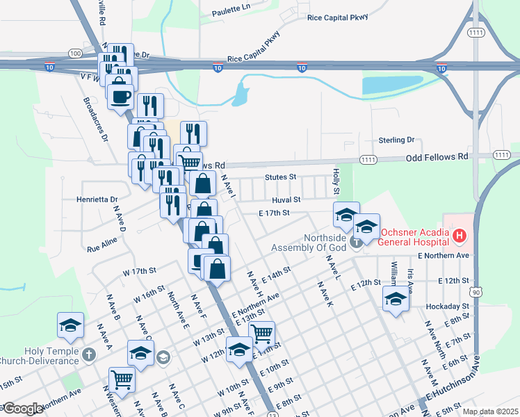map of restaurants, bars, coffee shops, grocery stores, and more near 505 East 17th Street in Crowley