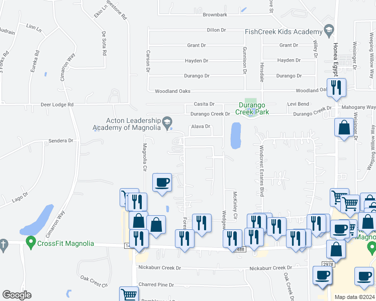 map of restaurants, bars, coffee shops, grocery stores, and more near 7335 Winter Song Drive in Magnolia