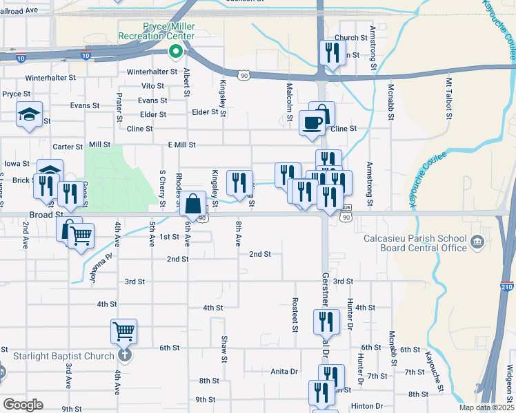 map of restaurants, bars, coffee shops, grocery stores, and more near 2401 Broad Street in Lake Charles