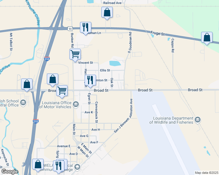 map of restaurants, bars, coffee shops, grocery stores, and more near 721 Oak Street in Lake Charles