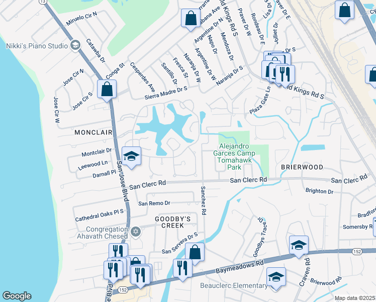 map of restaurants, bars, coffee shops, grocery stores, and more near 8404 Mizner Circle South in Jacksonville