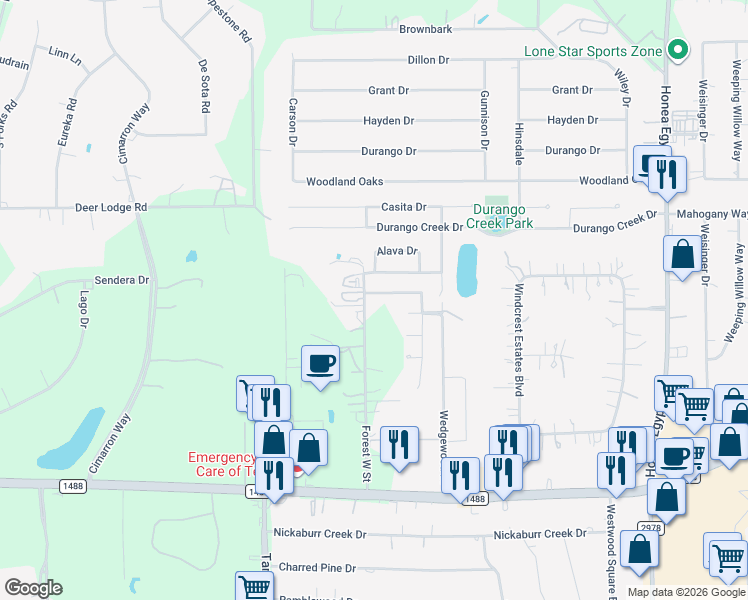 map of restaurants, bars, coffee shops, grocery stores, and more near 7331 Winter Song Drive in Magnolia
