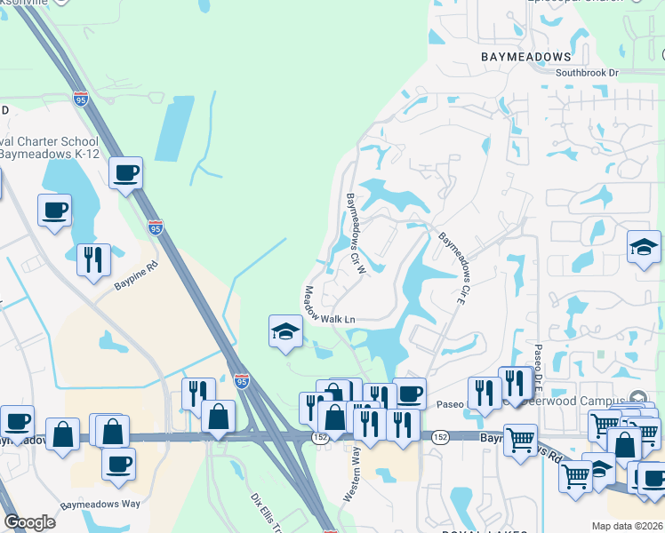 map of restaurants, bars, coffee shops, grocery stores, and more near 7848 Linkside Drive in Jacksonville