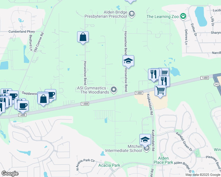 map of restaurants, bars, coffee shops, grocery stores, and more near 15487 Pin Oak Drive in Conroe