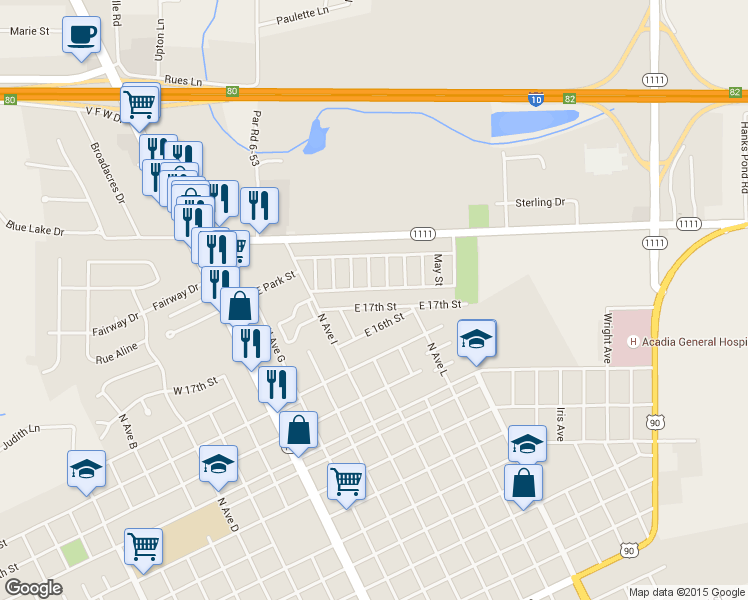 map of restaurants, bars, coffee shops, grocery stores, and more near 541 East 17th Street in Crowley