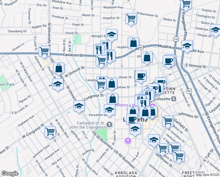 map of restaurants, bars, coffee shops, grocery stores, and more near 715 Voorhies Street in Lafayette