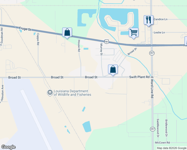 map of restaurants, bars, coffee shops, grocery stores, and more near 5415 Broad St in Lake Charles