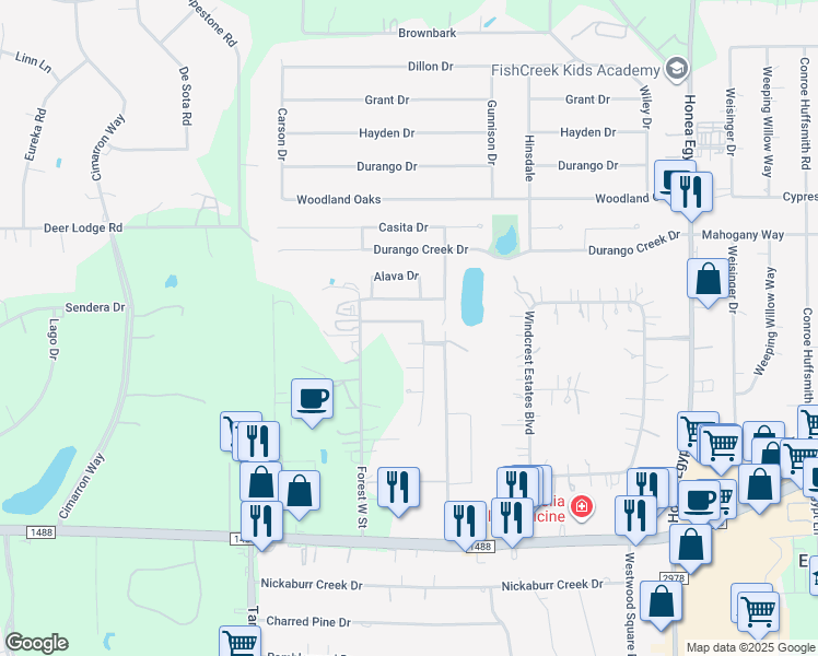 map of restaurants, bars, coffee shops, grocery stores, and more near 7223 Winter Song Drive in Magnolia