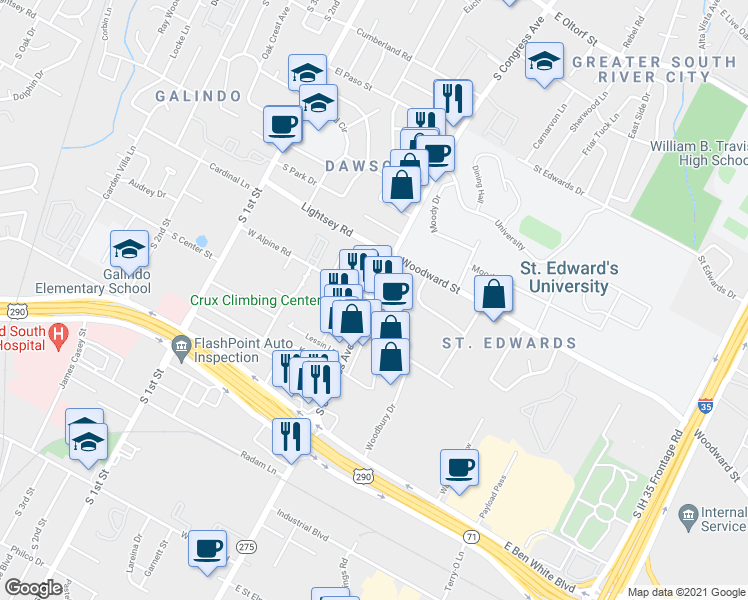 map of restaurants, bars, coffee shops, grocery stores, and more near 3601 1/2 South Congress Avenue in Austin