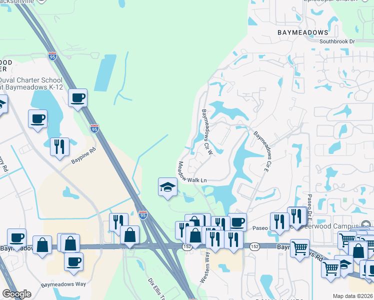 map of restaurants, bars, coffee shops, grocery stores, and more near 7848 Linkside Drive in Jacksonville