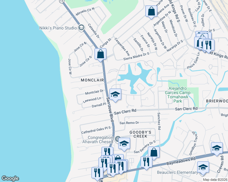 map of restaurants, bars, coffee shops, grocery stores, and more near 4032 Corrientes Court South in Jacksonville