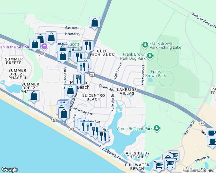 map of restaurants, bars, coffee shops, grocery stores, and more near 16806 Castile Avenue in Panama City Beach