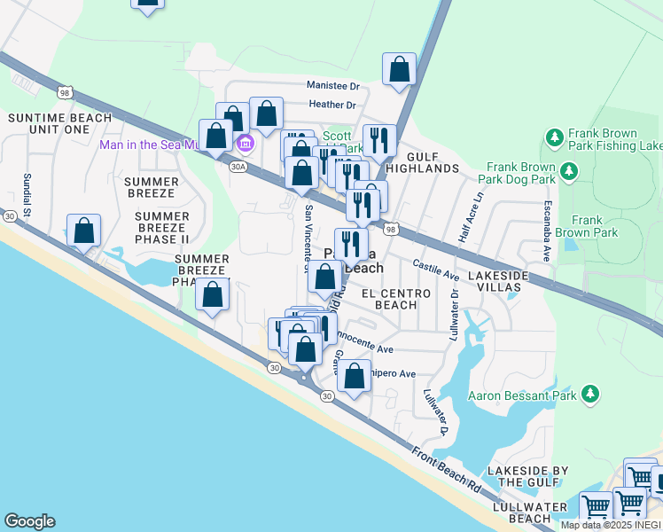 map of restaurants, bars, coffee shops, grocery stores, and more near 17110 Guava Avenue in Panama City Beach