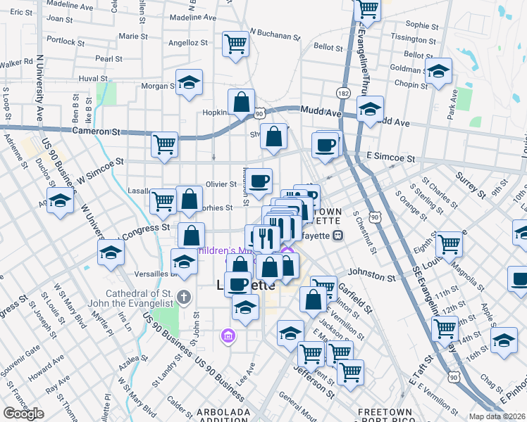 map of restaurants, bars, coffee shops, grocery stores, and more near 600 South Pierce Street in Lafayette